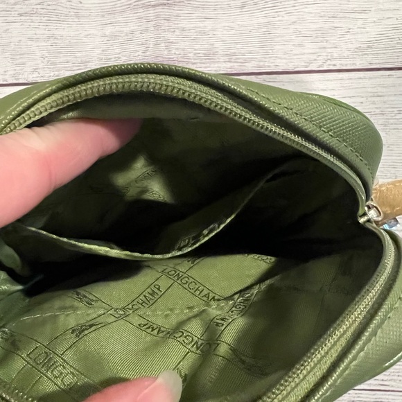 Longchamp Paris Blue Vinyl Crossbody Purse Brown Adjustable Strap Yellow Trim - Picture 4 of 8